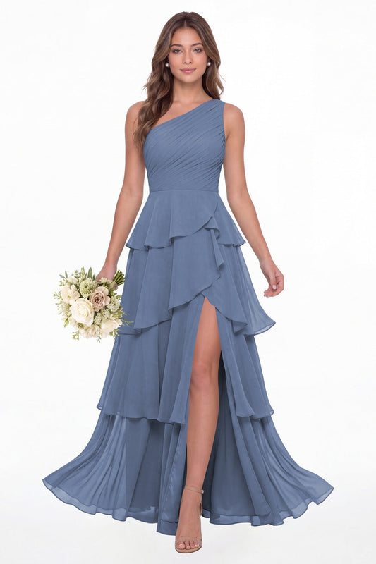 Steel Blue One Shoulder Ruched Tiered Ruffle Chiffon Slit Maxi Gown - Front View