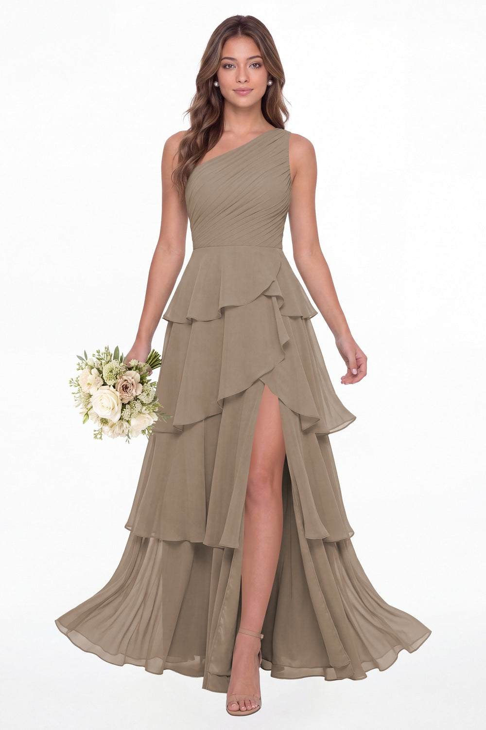 Taupe One Shoulder Ruched Tiered Ruffle Chiffon Slit Maxi Gown - Front View