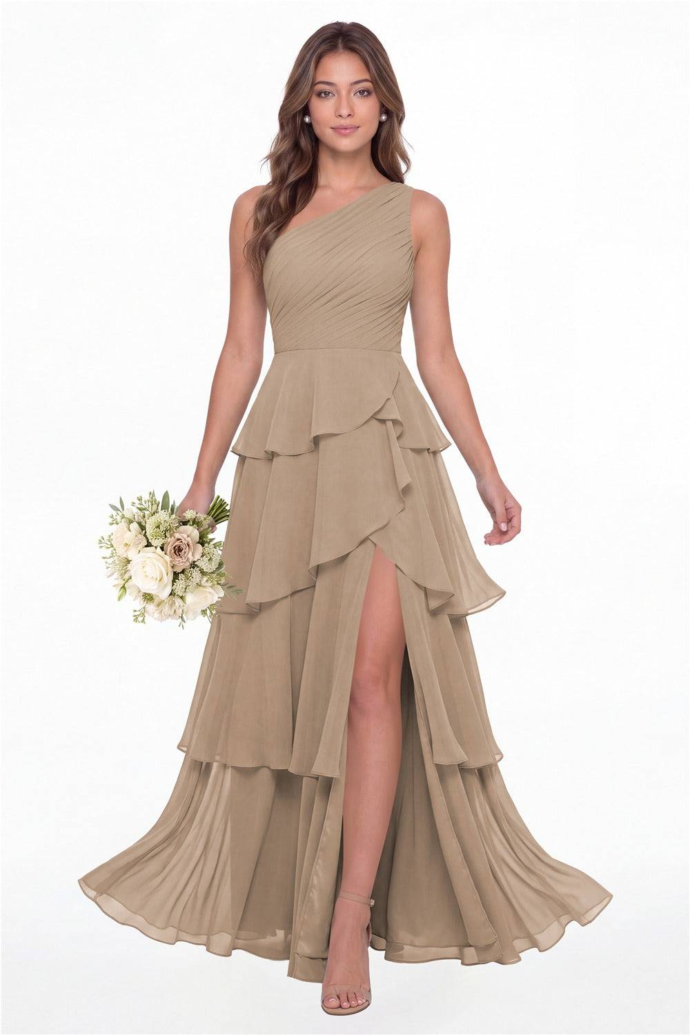 INEWER One Shoulder Ruched Tiered Ruffle Chiffon Slit Maxi Gown - TAUPE Front View