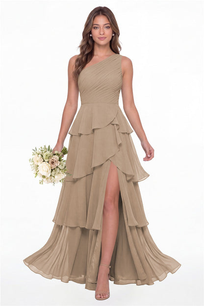 INEWER One Shoulder Ruched Tiered Ruffle Chiffon Slit Maxi Gown - TAUPE Front View