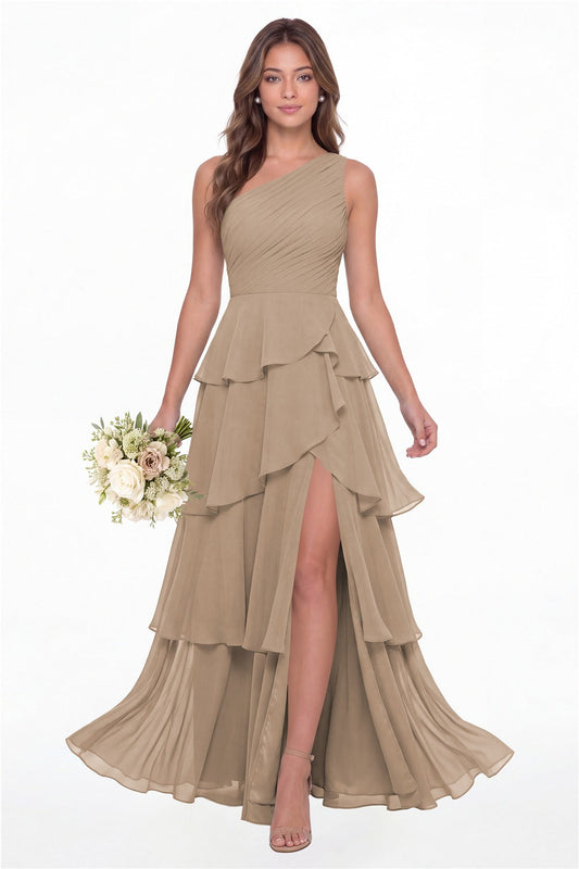 INEWER One Shoulder Ruched Tiered Ruffle Chiffon Slit Maxi Gown - TAUPE Front View