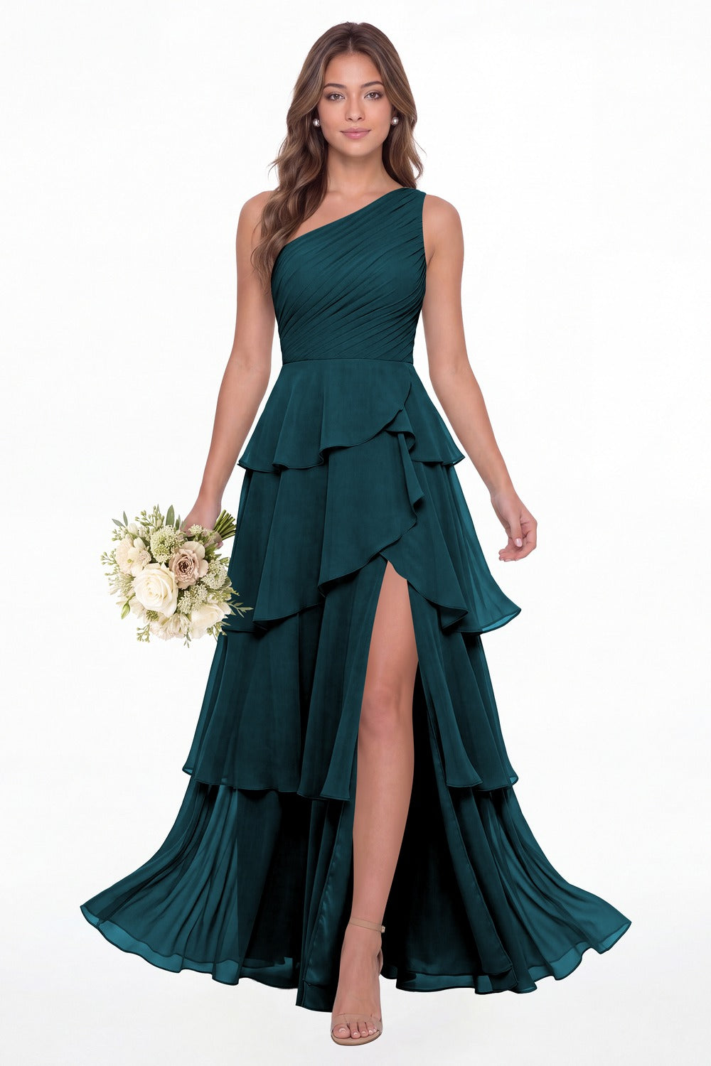 Teal One Shoulder Ruched Tiered Ruffle Chiffon Slit Maxi Gown - Front View