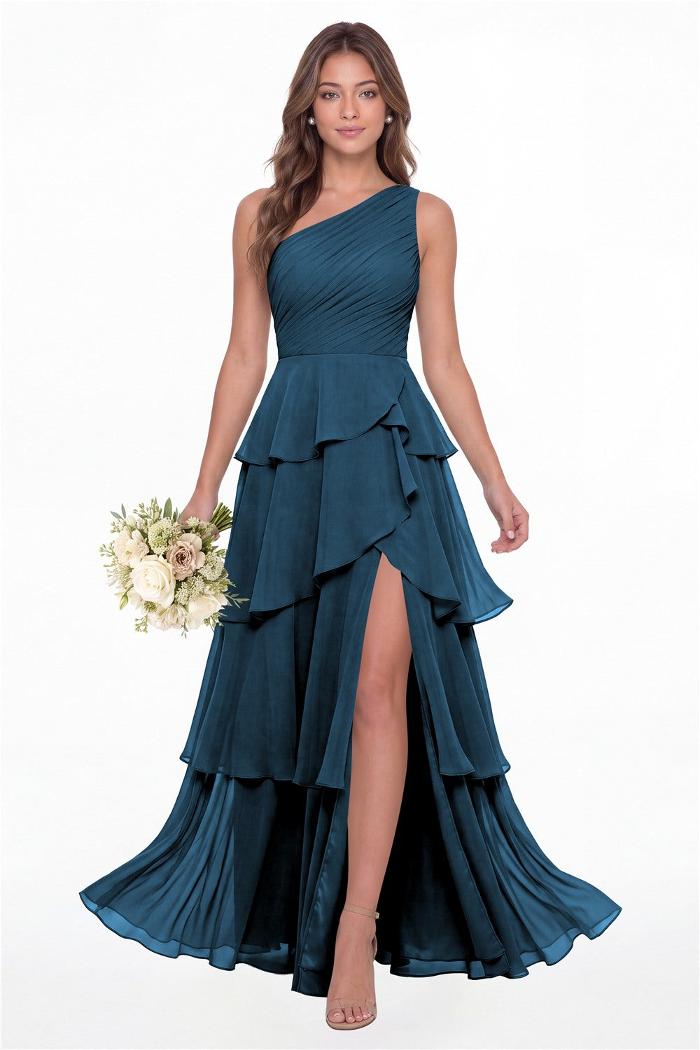 INEWER One Shoulder Ruched Tiered Ruffle Chiffon Slit Maxi Gown - TEAL Front View
