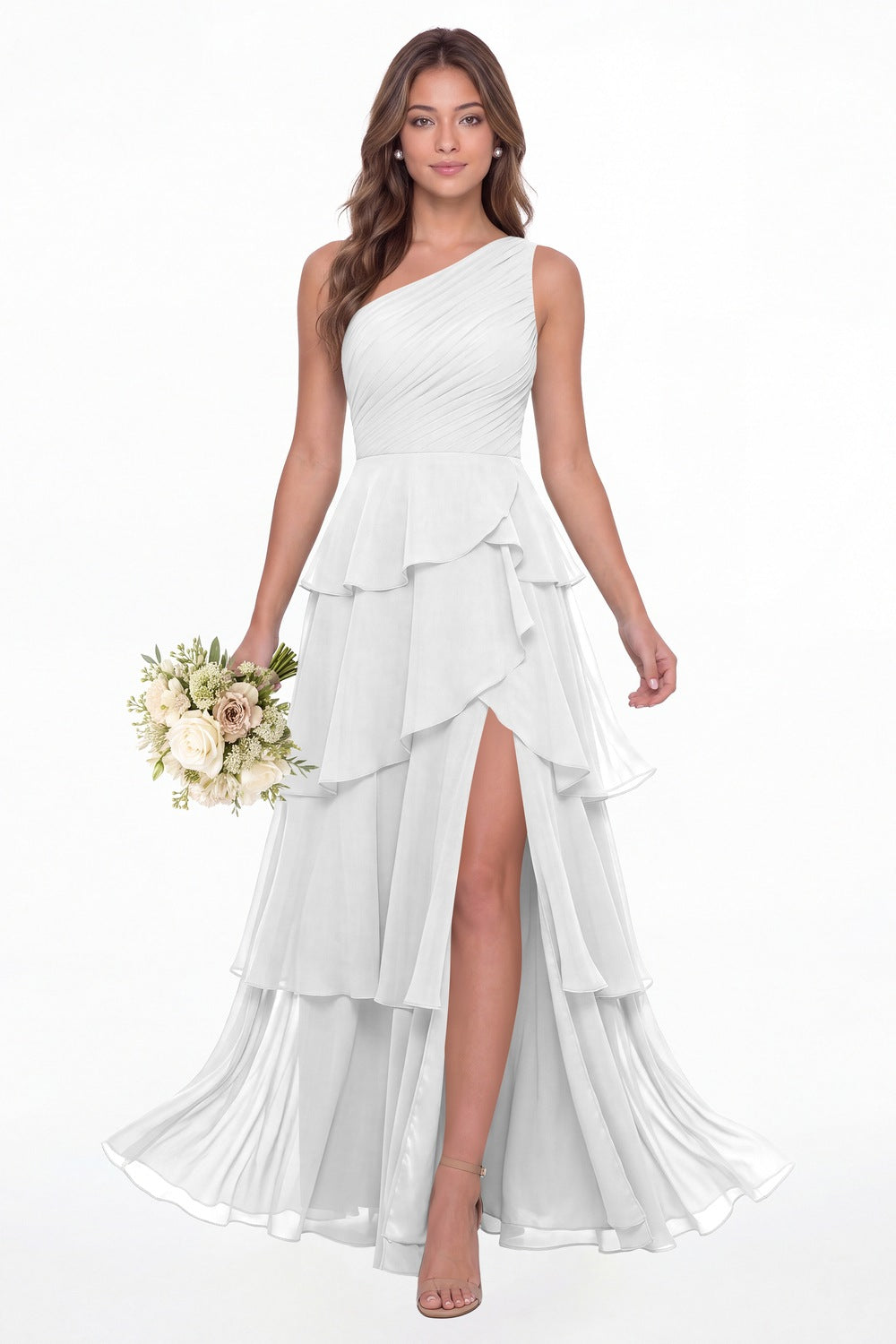 White One Shoulder Ruched Tiered Ruffle Chiffon Slit Maxi Gown - Front View