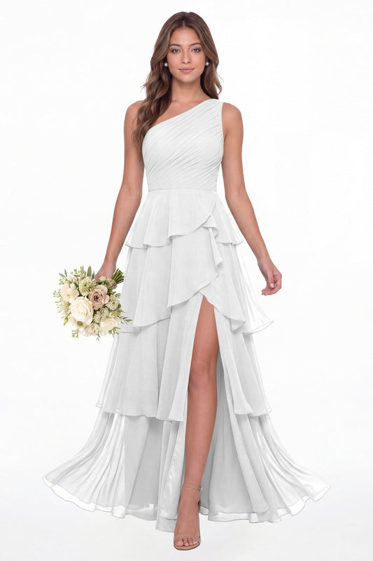 White One Shoulder Ruched Tiered Ruffle Chiffon Slit Maxi Gown - Front View