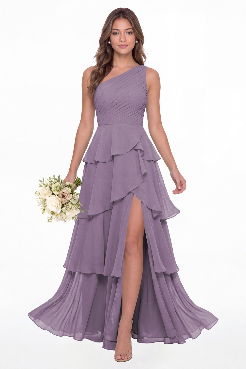 Wisteria One Shoulder Ruched Tiered Ruffle Chiffon Slit Maxi Gown - Front View