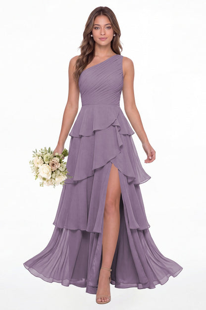 Wisteria One Shoulder Ruched Tiered Ruffle Chiffon Slit Maxi Gown - Front View