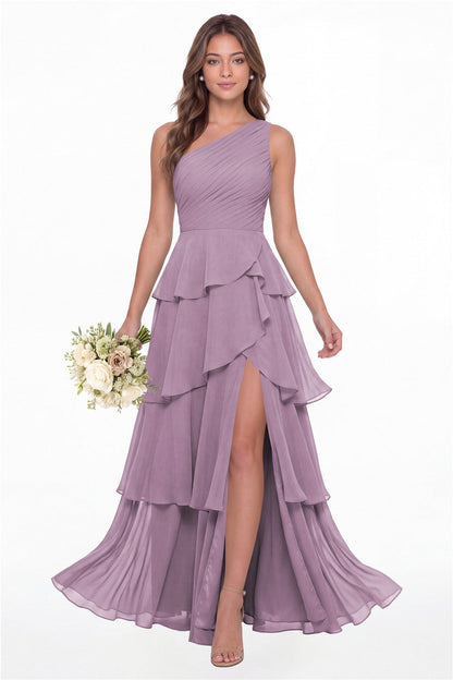 INEWER One Shoulder Ruched Tiered Ruffle Chiffon Slit Maxi Gown - WISTERIA Front View