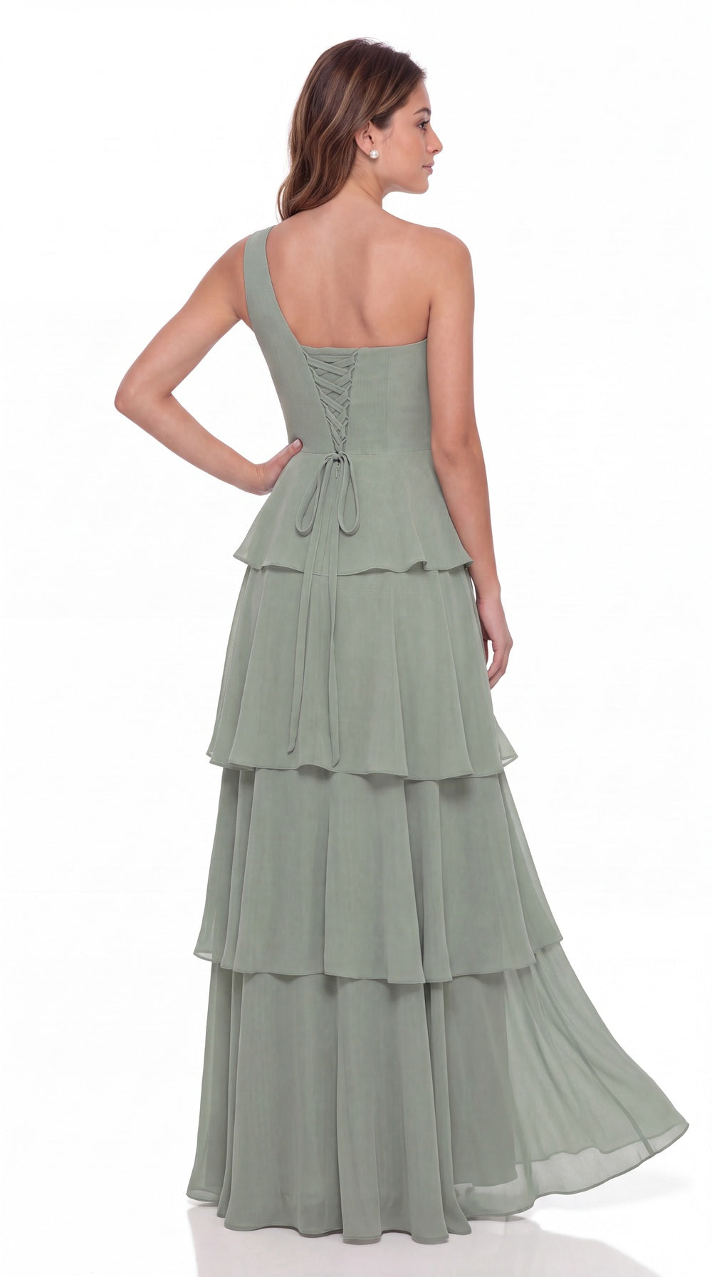 One Shoulder Ruched Tiered Ruffle Chiffon Slit Maxi Gown - Back View