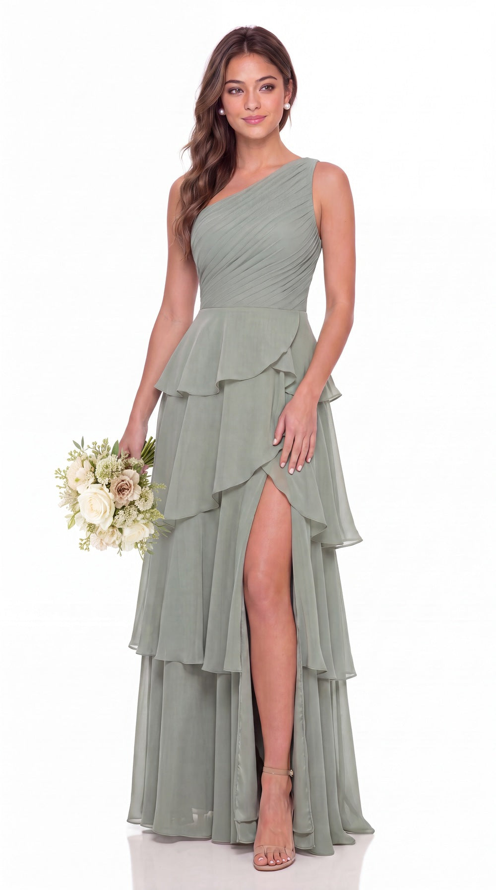 One Shoulder Ruched Tiered Ruffle Chiffon Slit Maxi Gown - Detail View 1