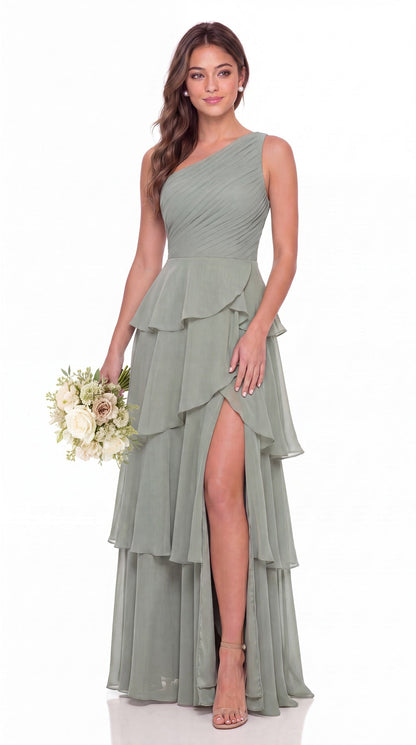 One Shoulder Ruched Tiered Ruffle Chiffon Slit Maxi Gown - Detail View 1