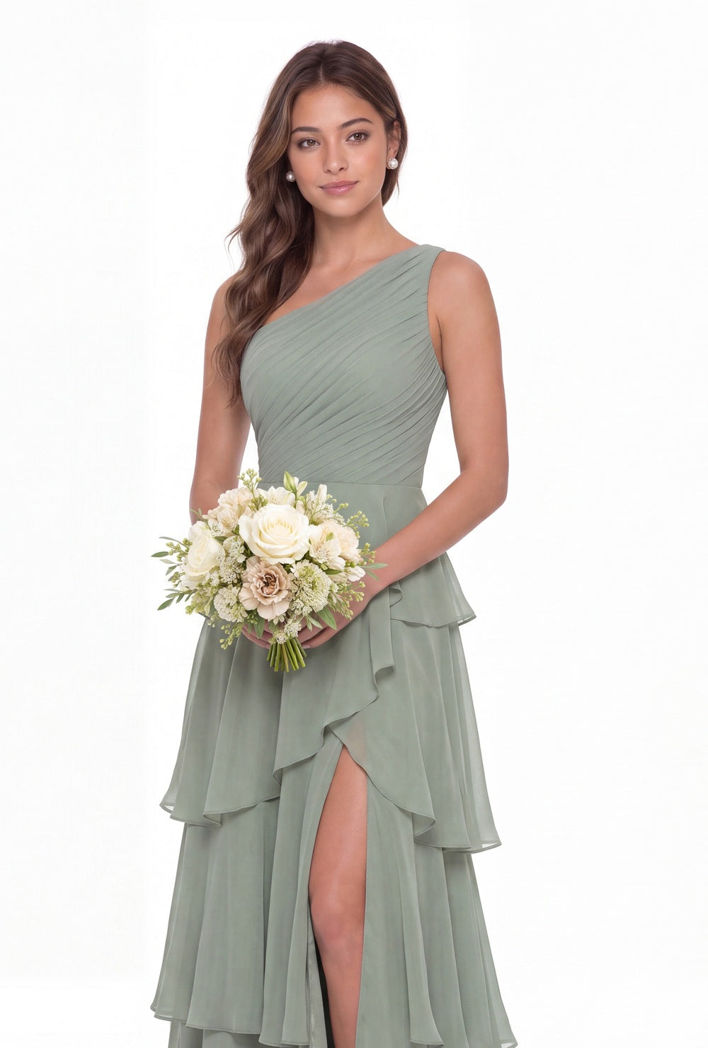 One Shoulder Ruched Tiered Ruffle Chiffon Slit Maxi Gown - Detail View 2
