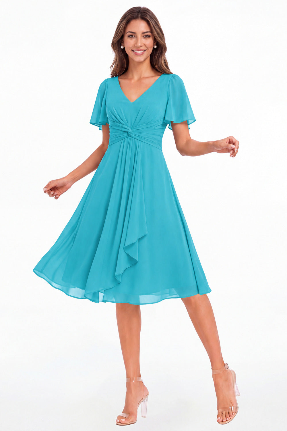 Aqua Blue V-Neck Flutter Sleeve Chiffon Midi Dress - Front View