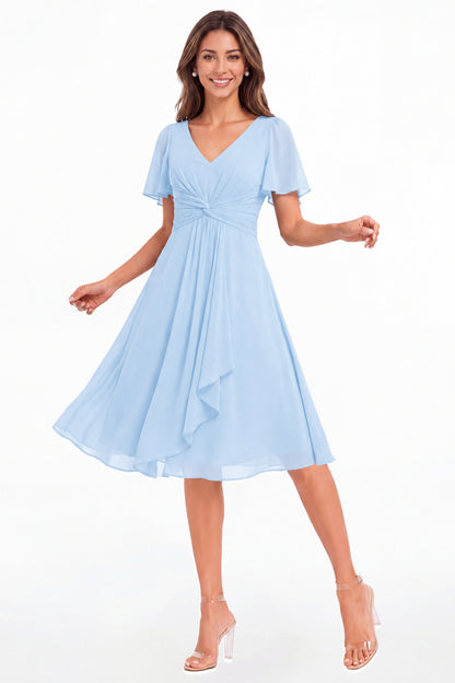 Baby Blue V-Neck Flutter Sleeve Chiffon Midi Dress - Front View