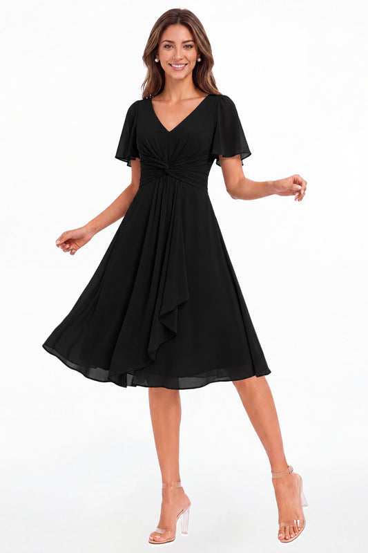 Black V-Neck Flutter Sleeve Chiffon Midi Dress - Front View