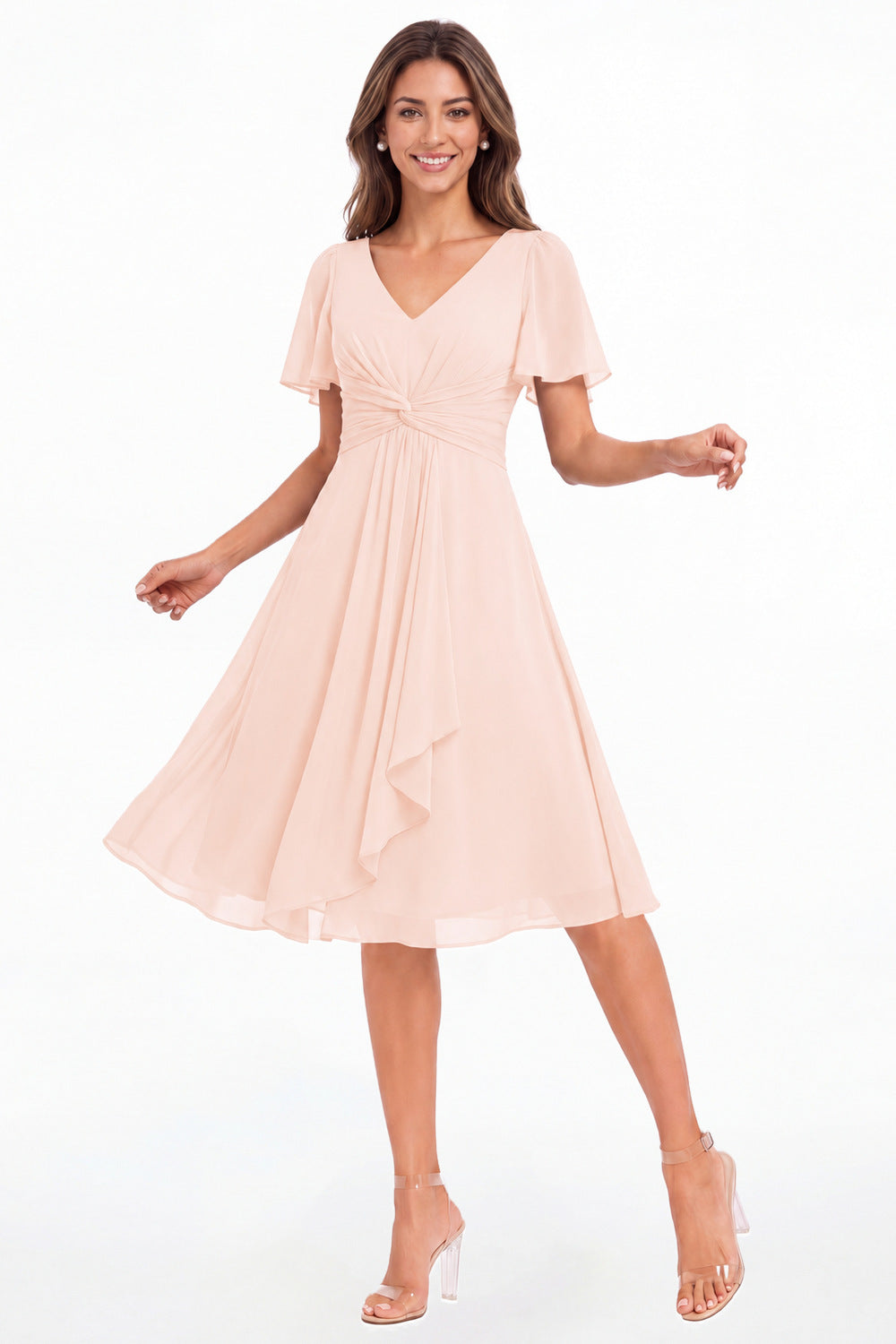 Blush Pink V-Neck Flutter Sleeve Chiffon Midi Dress - Front View