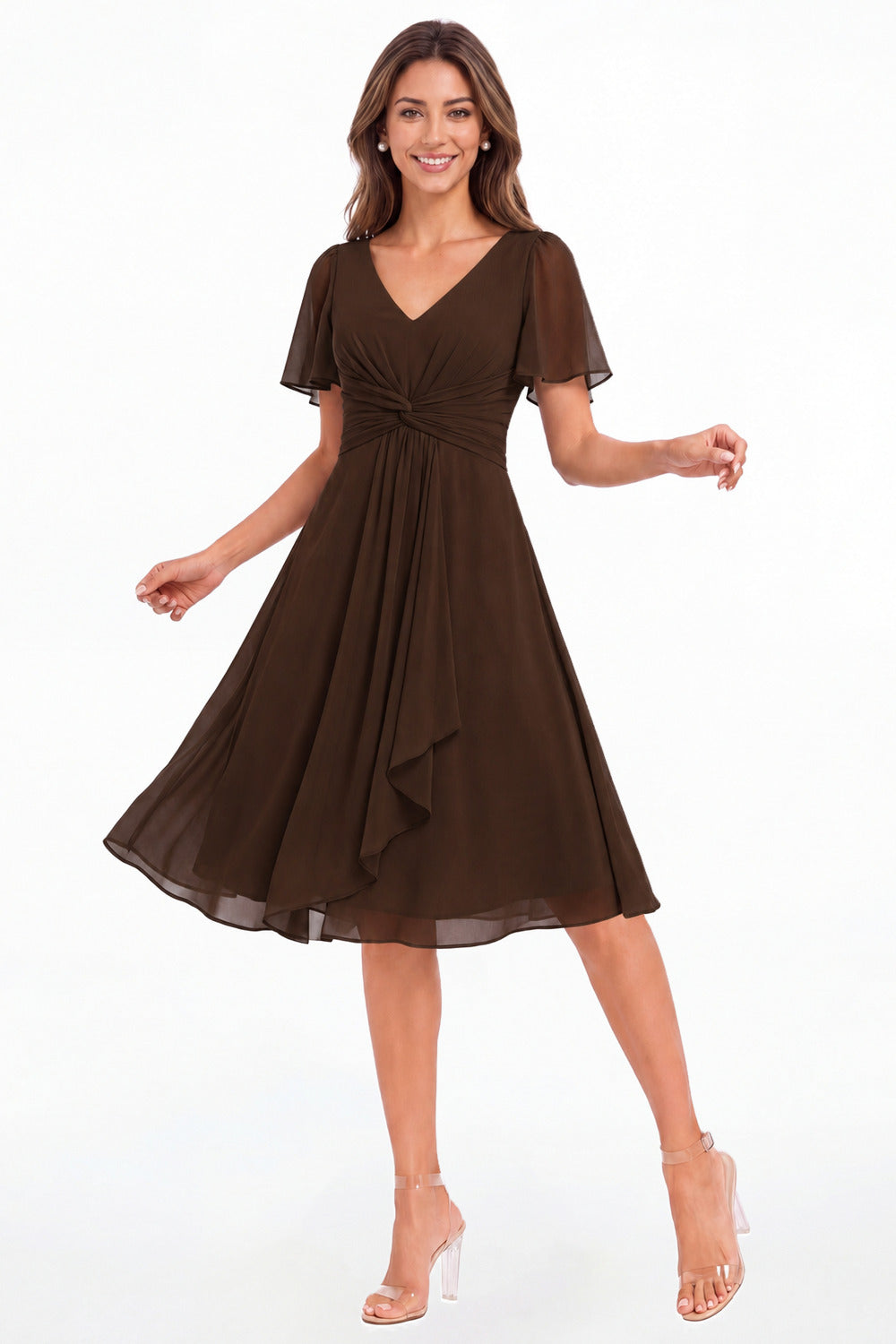 Brown V-Neck Flutter Sleeve Chiffon Midi Dress - Front View
