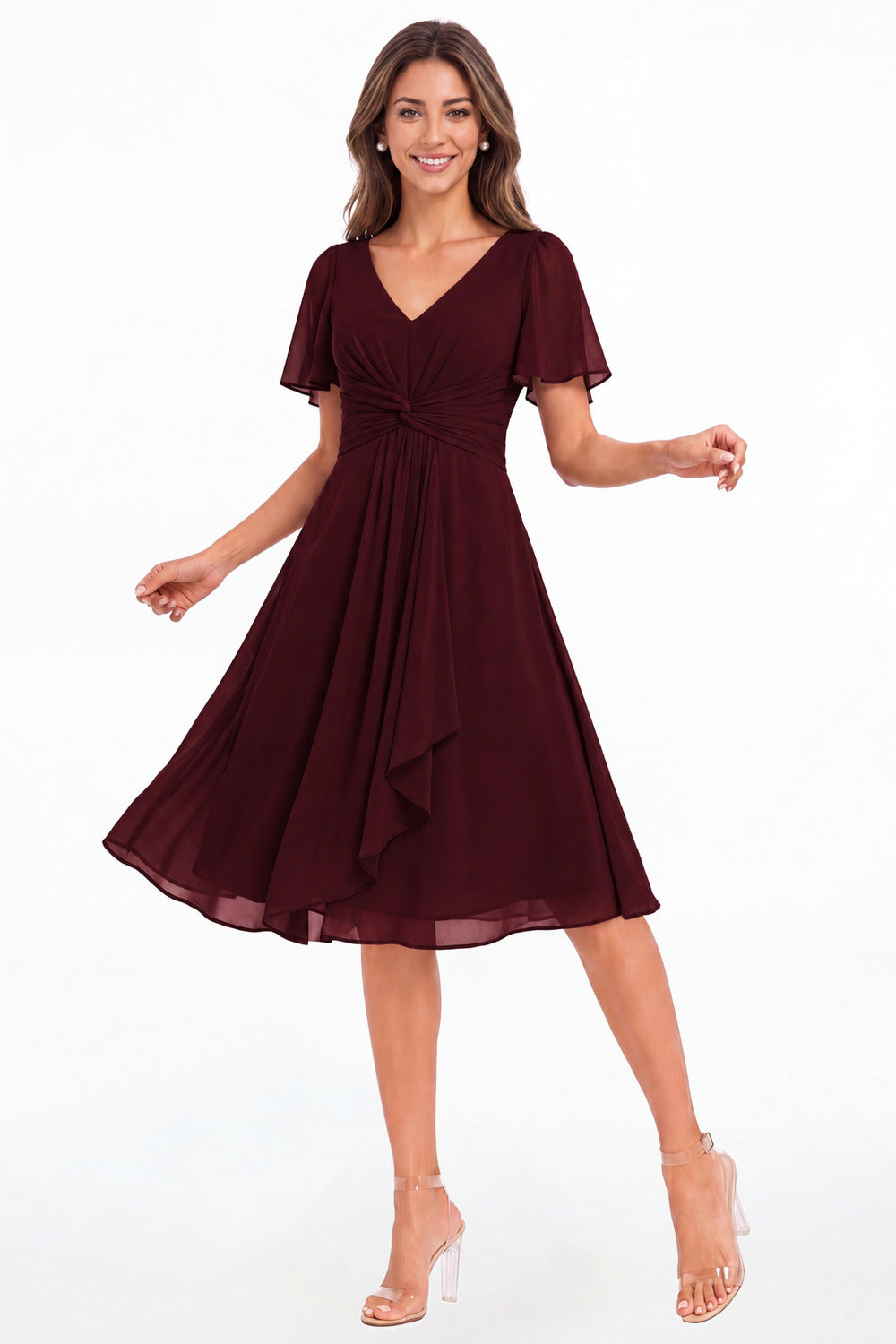 Burgundy V-Neck Flutter Sleeve Chiffon Midi Dress - Front View