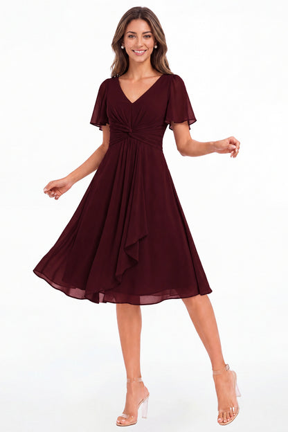 Burgundy V-Neck Flutter Sleeve Chiffon Midi Dress - Front View