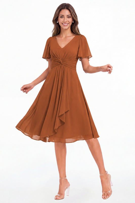Burnt Orange V-Neck Flutter Sleeve Chiffon Midi Dress - Front View