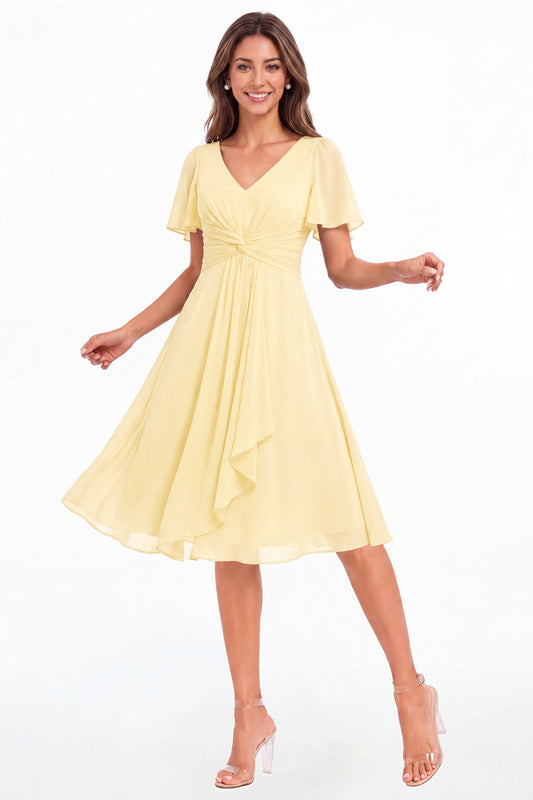 Butter Yellow V-Neck Flutter Sleeve Chiffon Midi Dress - Front View