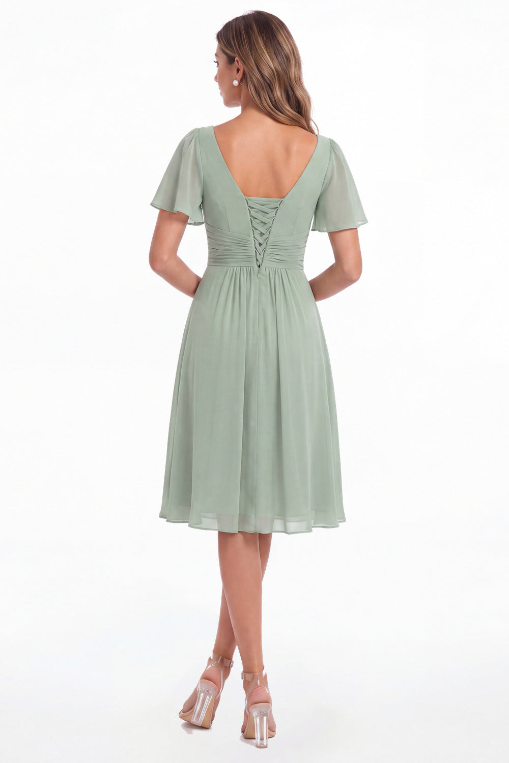 Aqua Blue V-Neck Flutter Sleeve Chiffon Midi Dress - Front View
