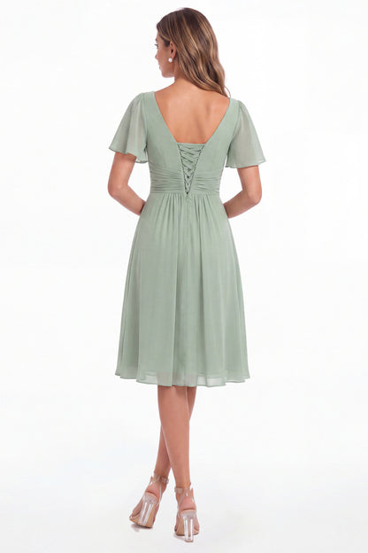Aqua Blue V-Neck Flutter Sleeve Chiffon Midi Dress - Front View