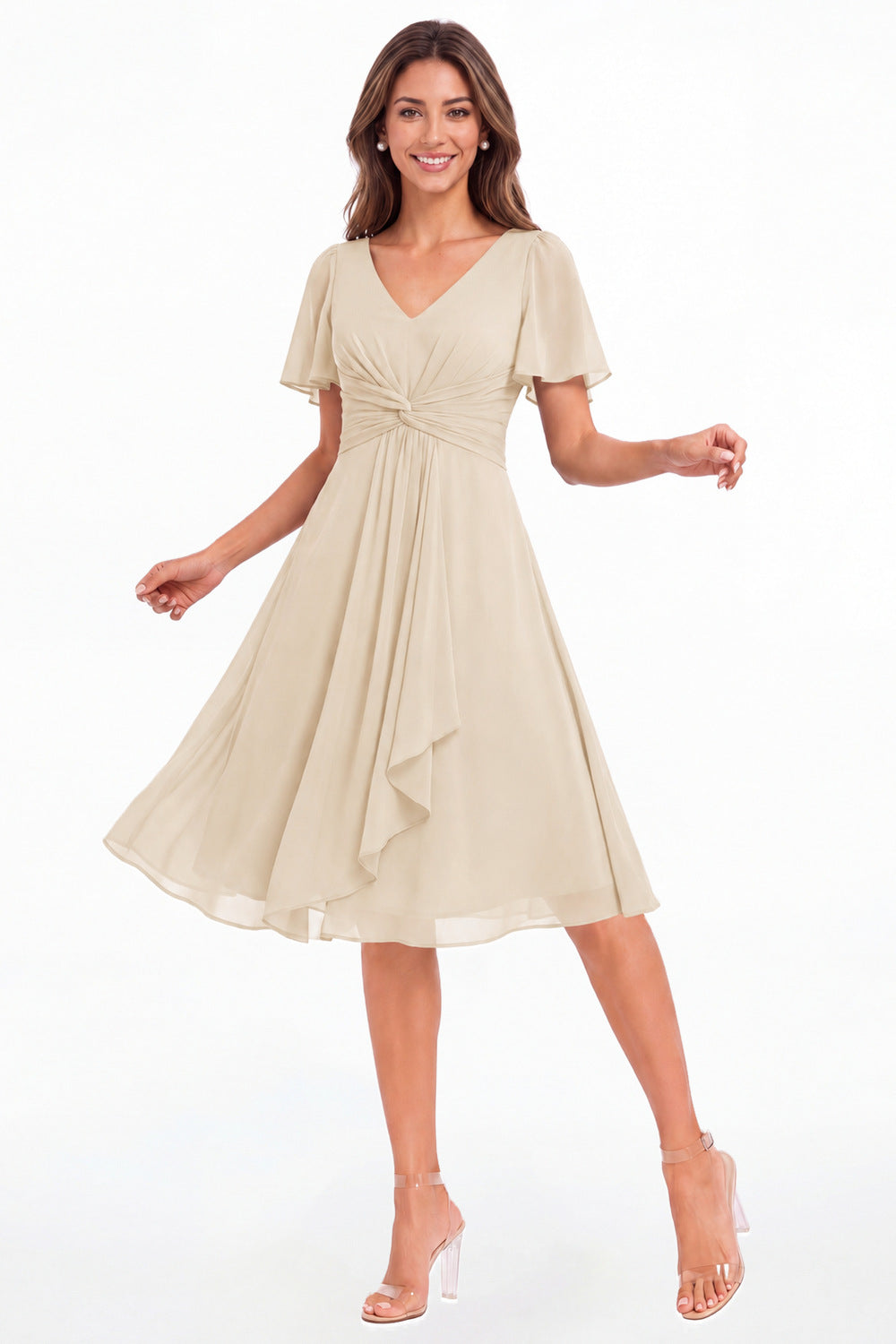 Champagne V-Neck Flutter Sleeve Chiffon Midi Dress - Front View