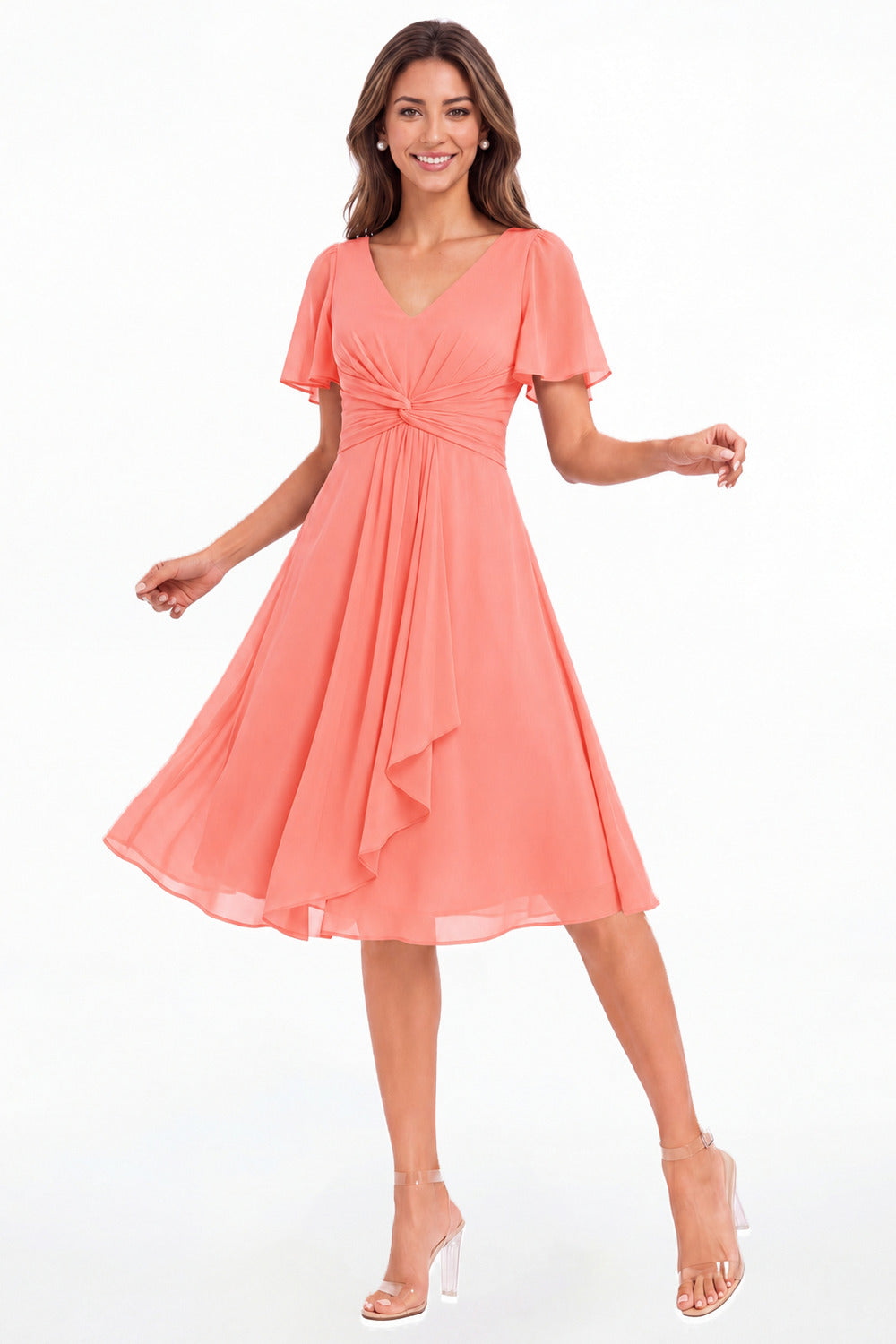 Coral V-Neck Flutter Sleeve Chiffon Midi Dress - Front View