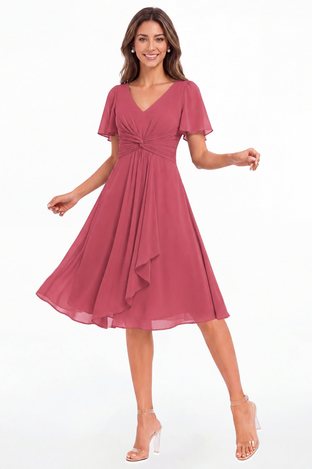 Desert Rose V-Neck Flutter Sleeve Chiffon Midi Dress - Front View