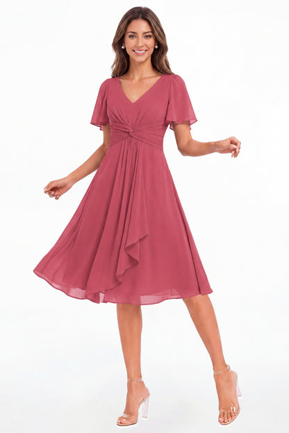 Desert Rose V-Neck Flutter Sleeve Chiffon Midi Dress - Front View