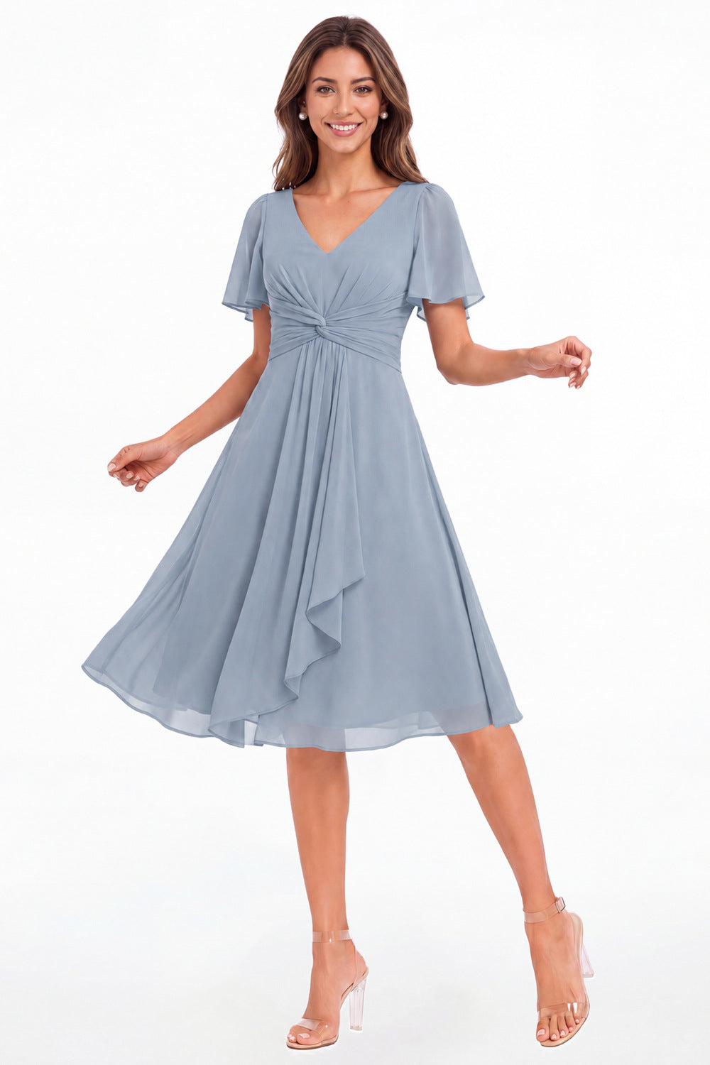 Dusty Blue V-Neck Flutter Sleeve Chiffon Midi Dress - Front View