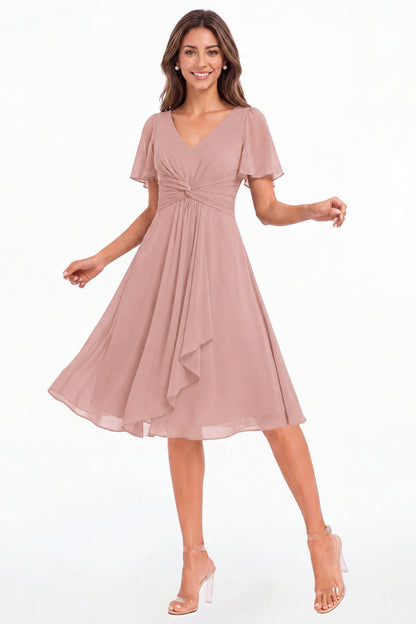 Dusty Rose V-Neck Flutter Sleeve Chiffon Midi Dress - Front View