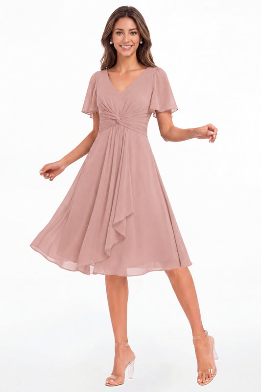 Dusty Rose V-Neck Flutter Sleeve Chiffon Midi Dress - Front View