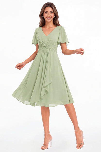 Dusty Sage V-Neck Flutter Sleeve Chiffon Midi Dress - Front View