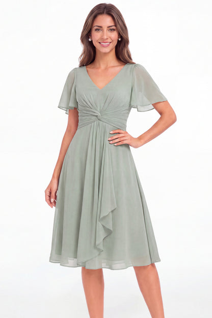 V-Neck Flutter Sleeve Chiffon Midi Dress - Detail View 1