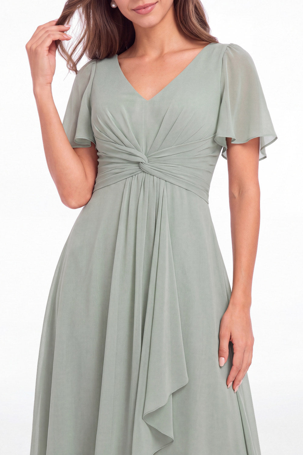 V-Neck Flutter Sleeve Chiffon Midi Dress - Detail View 2