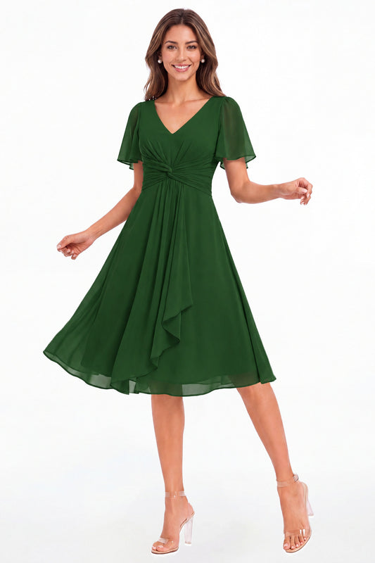 Emerald Green V-Neck Flutter Sleeve Chiffon Midi Dress - Front View