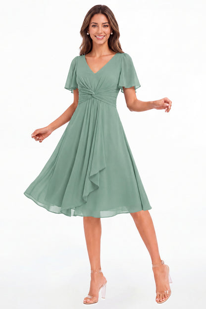 Eucalyptus V-Neck Flutter Sleeve Chiffon Midi Dress - Front View