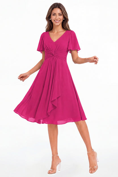 Fuchsia V-Neck Flutter Sleeve Chiffon Midi Dress - Front View