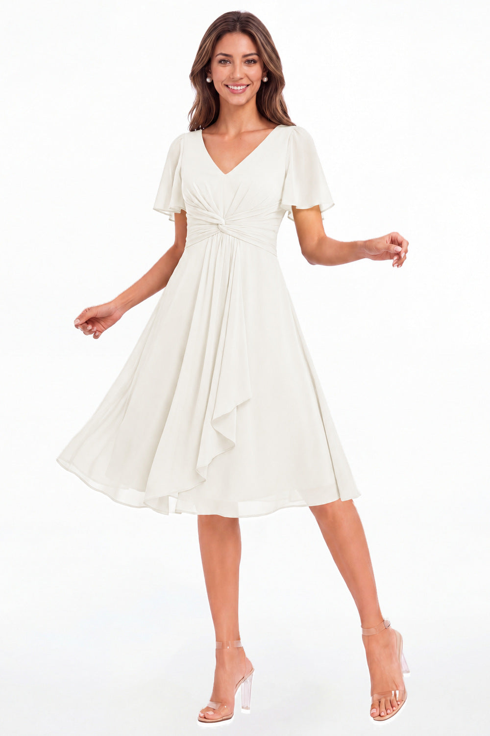 Ivory V-Neck Flutter Sleeve Chiffon Midi Dress - Front View