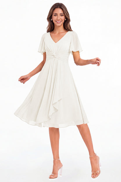Ivory V-Neck Flutter Sleeve Chiffon Midi Dress - Front View
