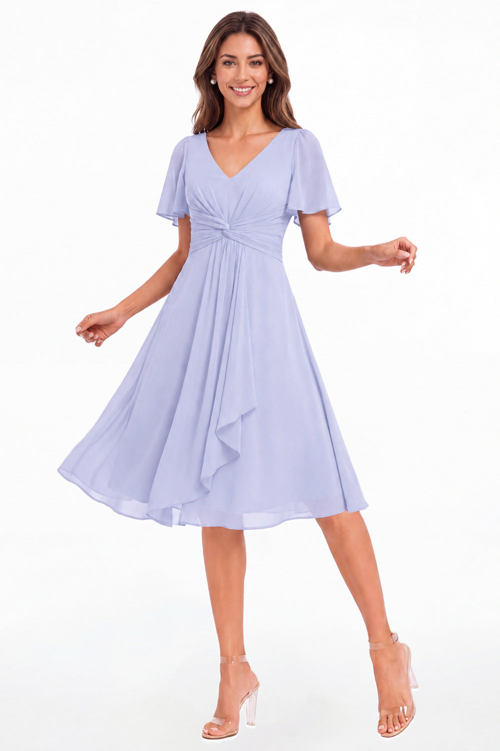 Lavender V-Neck Flutter Sleeve Chiffon Midi Dress - Front View