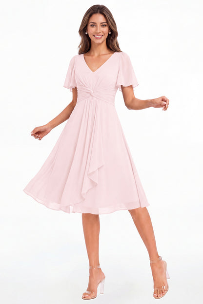 Light Pink V-Neck Flutter Sleeve Chiffon Midi Dress - Front View