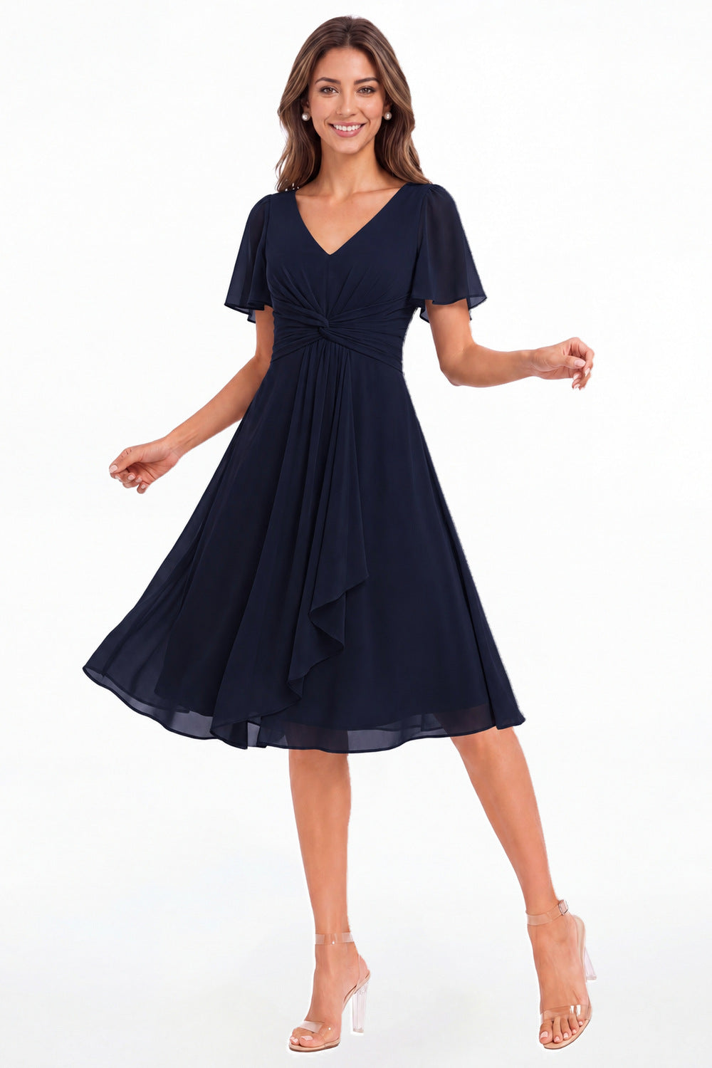 Navy Blue V-Neck Flutter Sleeve Chiffon Midi Dress - Front View
