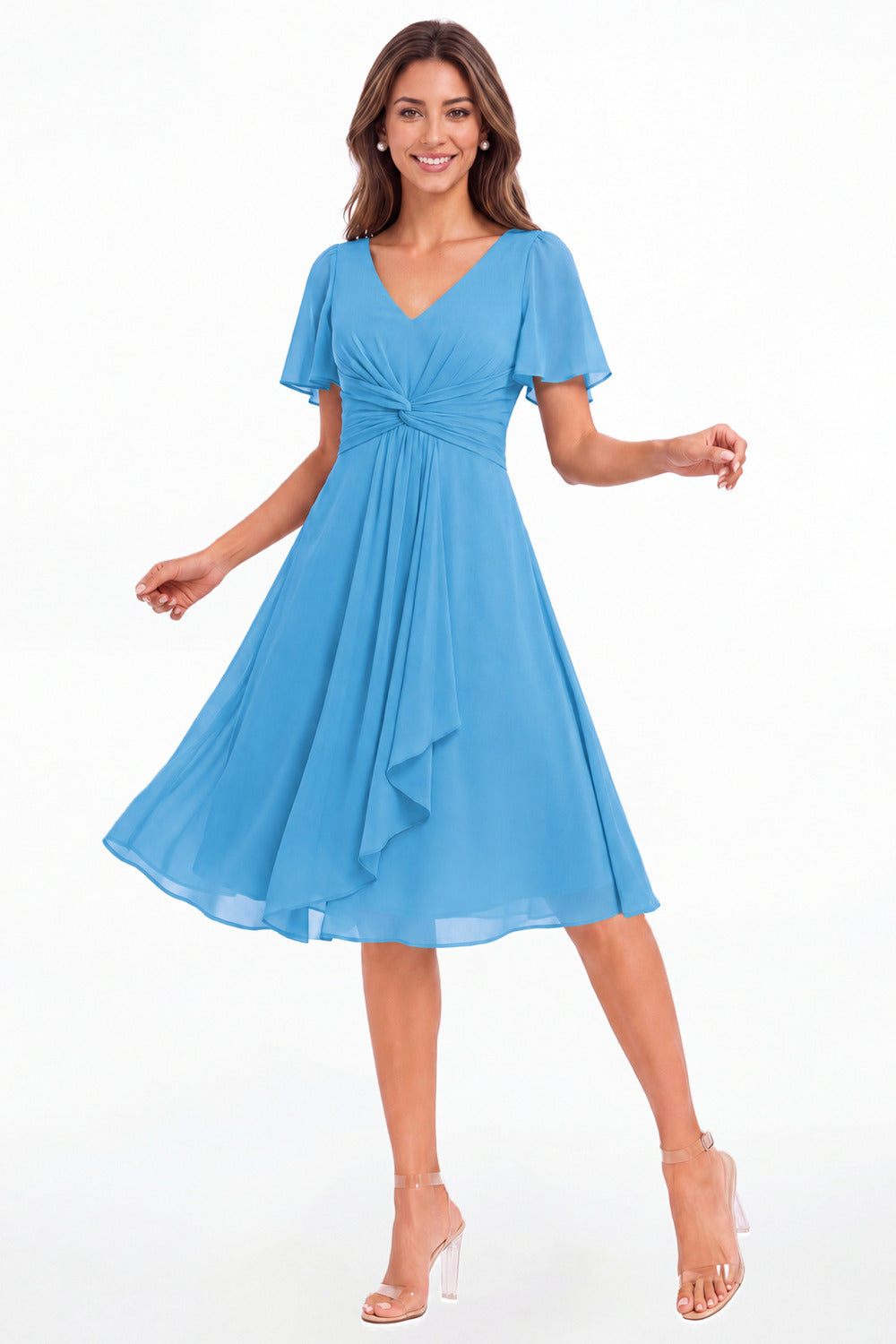 Ocean Blue V-Neck Flutter Sleeve Chiffon Midi Dress - Front View