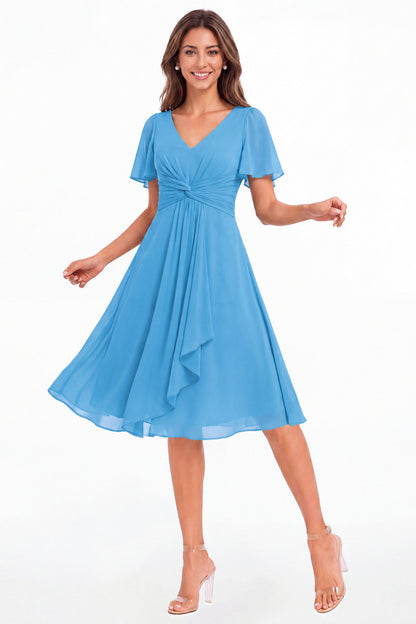 Ocean Blue V-Neck Flutter Sleeve Chiffon Midi Dress - Front View