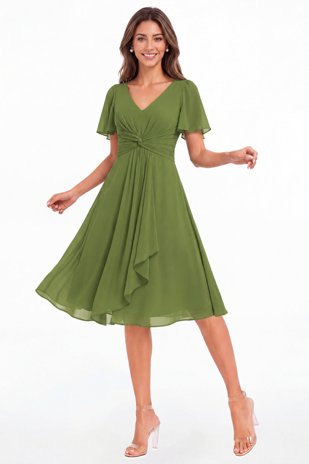 Olive Green V-Neck Flutter Sleeve Chiffon Midi Dress - Front View