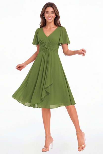 Olive Green V-Neck Flutter Sleeve Chiffon Midi Dress - Front View