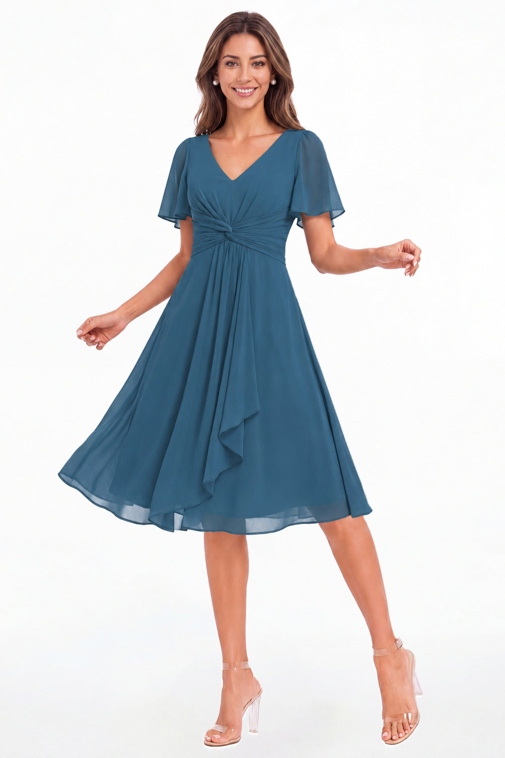 Peacock V-Neck Flutter Sleeve Chiffon Midi Dress - Front View